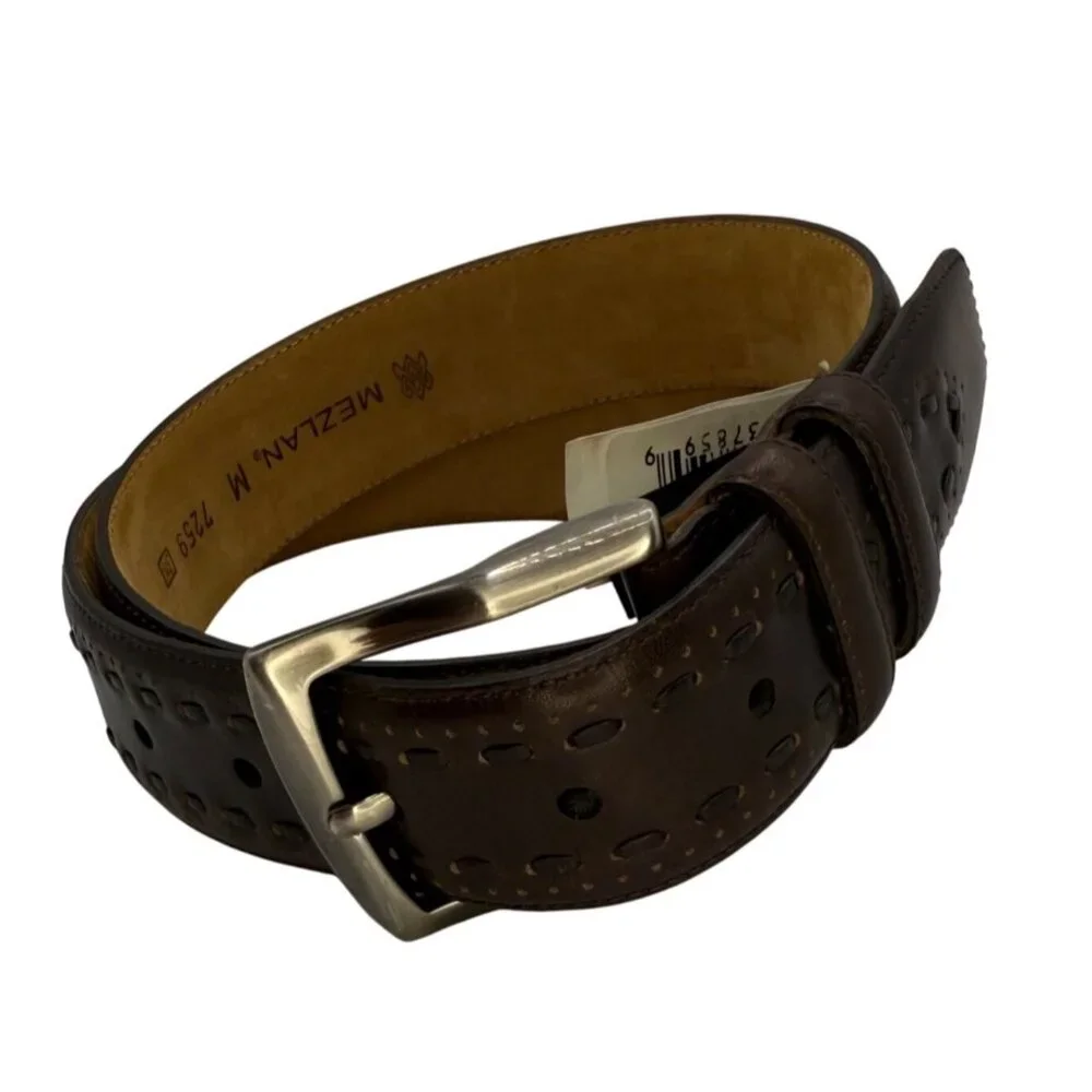 Mens Mezlan Dark Brown Leather Belt Pewter Tone Hardware‎ sz M 32 Spain